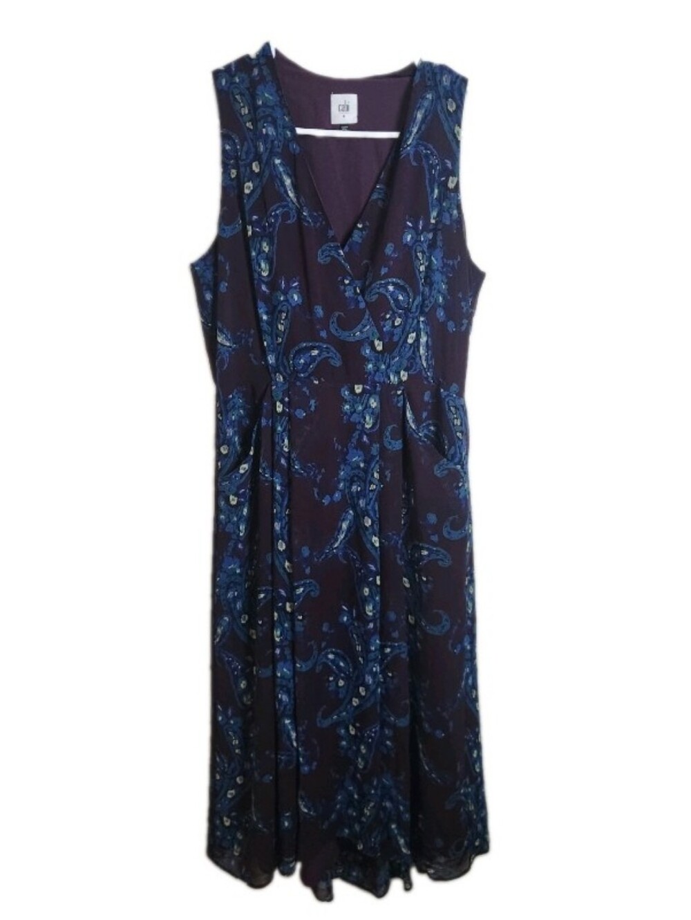 CAbi Treasure Midi Dress Women's Size 8 Paisley Print Pockets Lined